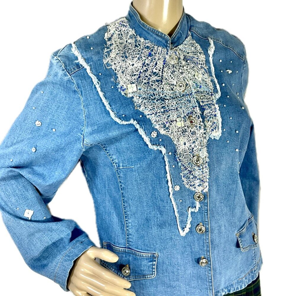 Vintage Nancy Bolen City Girl Pearls & Lace Jean Jacket Womens See Measurements
